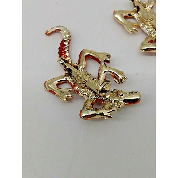 Alligator Crocodile Red & Orange Enamel Gold Tone Metal Reptile Brooches(2) - Picture 5 of 8